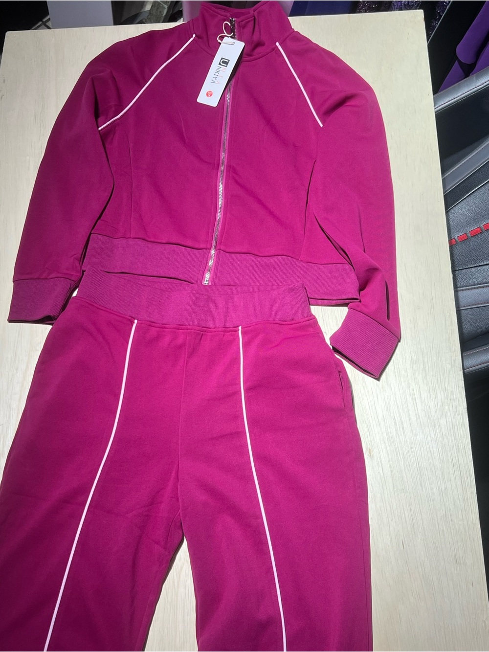 Women's Zip-Front Track Set - Magenta with White Piping